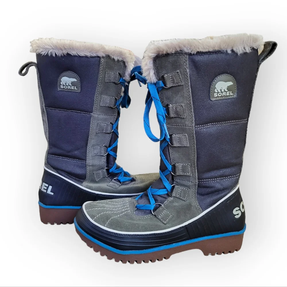 SOREL Women's Tivoli High II Canvas Winter Boots Blue Grey Green Lace Up 7.5
